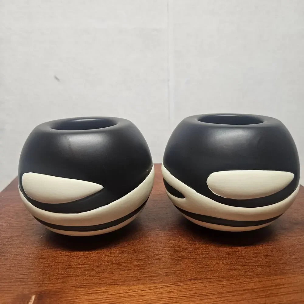 Vintage PartyLite African Inspiration Candle Holder Pair 2 Black Cream